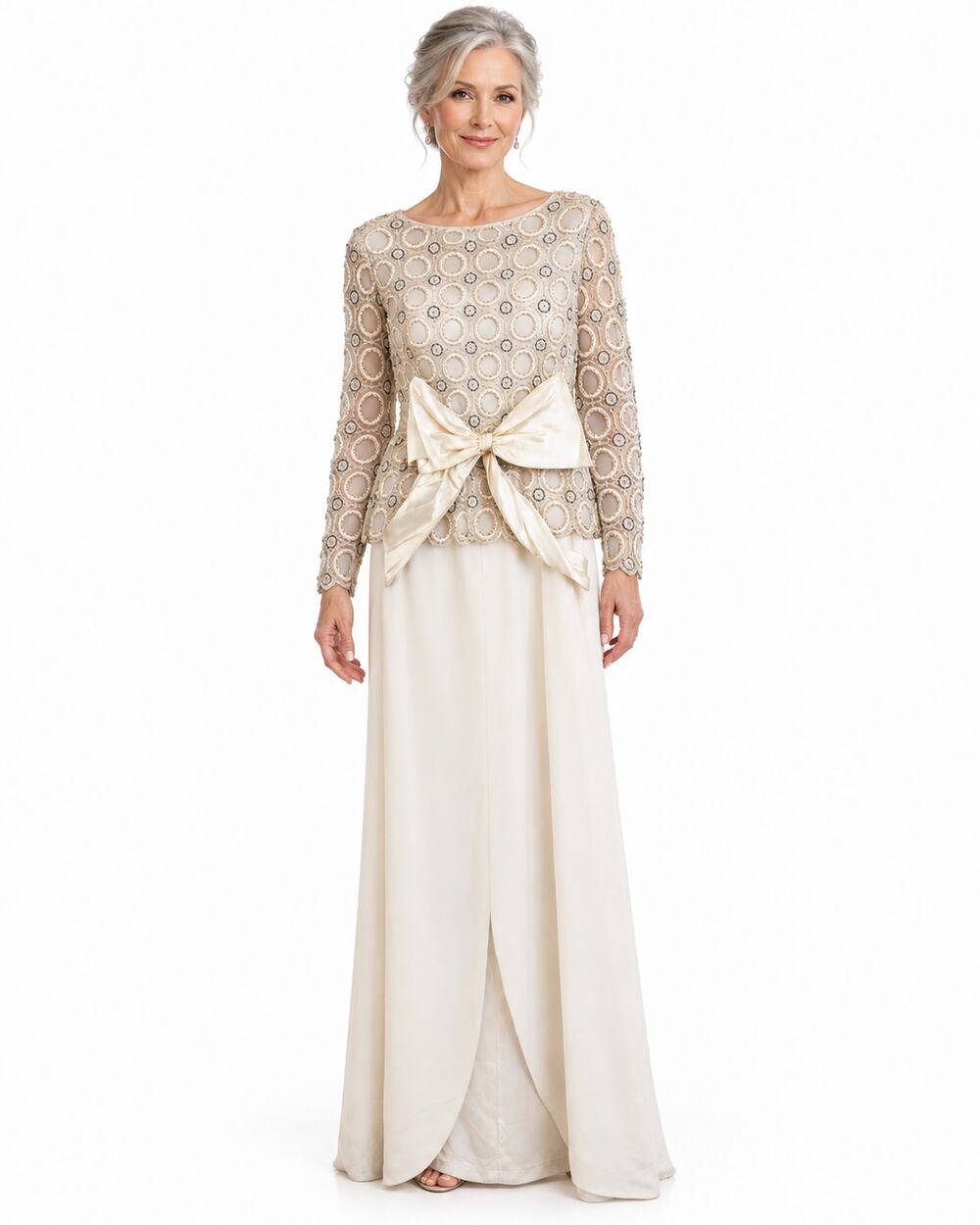 Vintage 1980s Ivory Beaded Peplum Gown Satin Bow Size 6